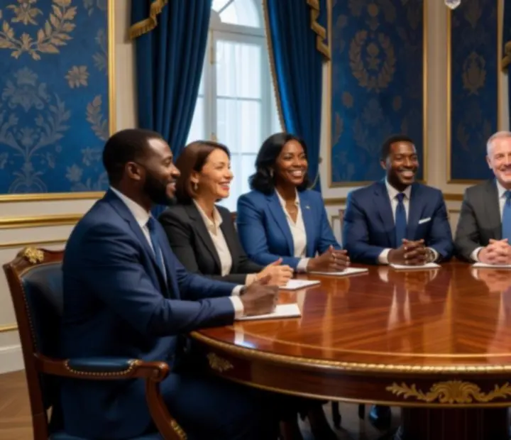 Responsables d’entreprise échangeant avec satisfaction lors d’un événement corporate de style Empire
