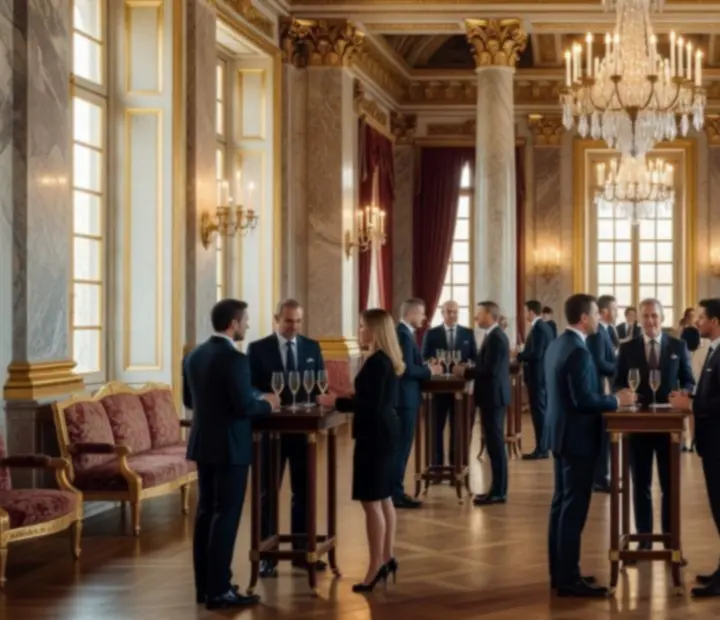 Participants échangeant lors d’une réception d’entreprise dans un grand hall de style Empire