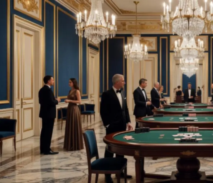 Réception d’entreprise inspirée du style Empire avec tables de poker récréatif dans un salon prestigieux