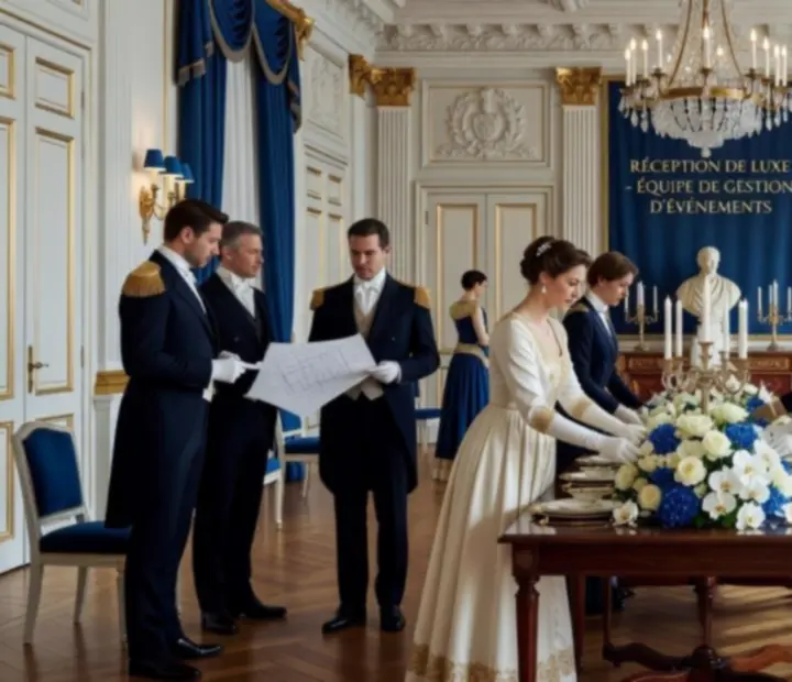 Équipe événementielle Expertivage préparant une réception poker dans un décor impérial.