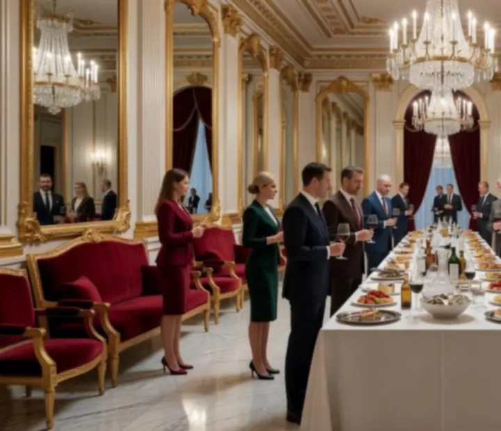 Réception professionnelle haut de gamme dans une salle de style Empire avec marbre clair et dorures