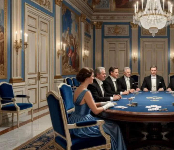 Salon Empire avec table de poker stylisée et décor napoléonien
