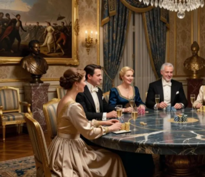 Soirée poker événementielle dans un salon d'inspiration Empire, avec tables élégantes et ambiance lumineuse raffinée.